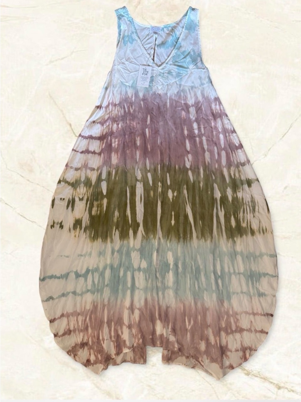Mudpie Tie-Dye Boho Sleeveless Maxi Dress in Pastel Blue, Mauve & Olive L